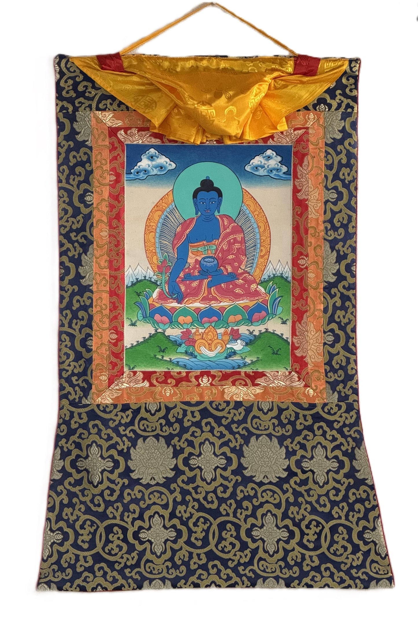 Medicine Buddha Thangka | Bhaisajyaguru Healing Buddha | Hand-Painted Tibetan Art | Framed with Silk Brocade