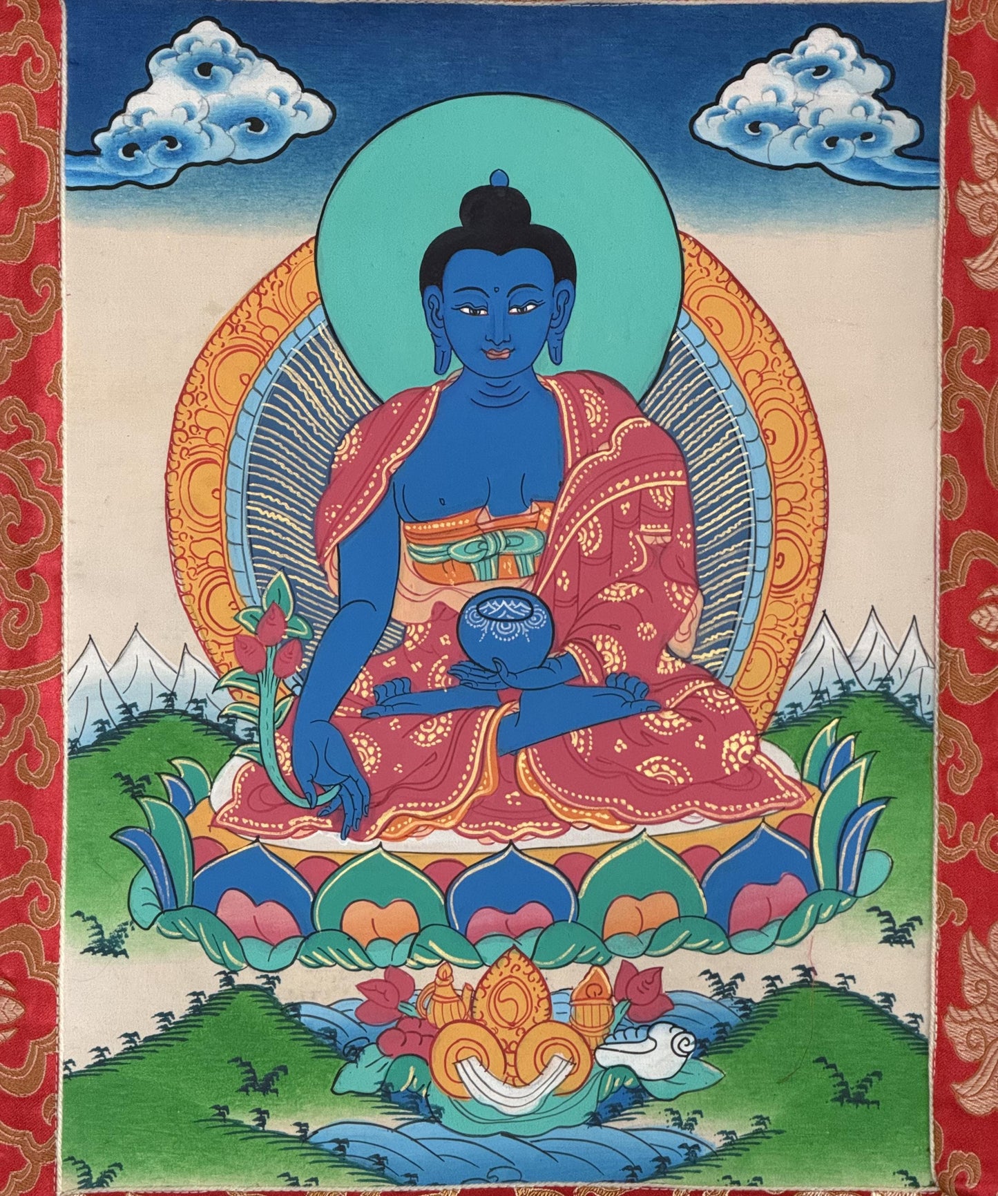 Medicine Buddha Thangka | Bhaisajyaguru Healing Buddha | Hand-Painted Tibetan Art | Framed with Silk Brocade