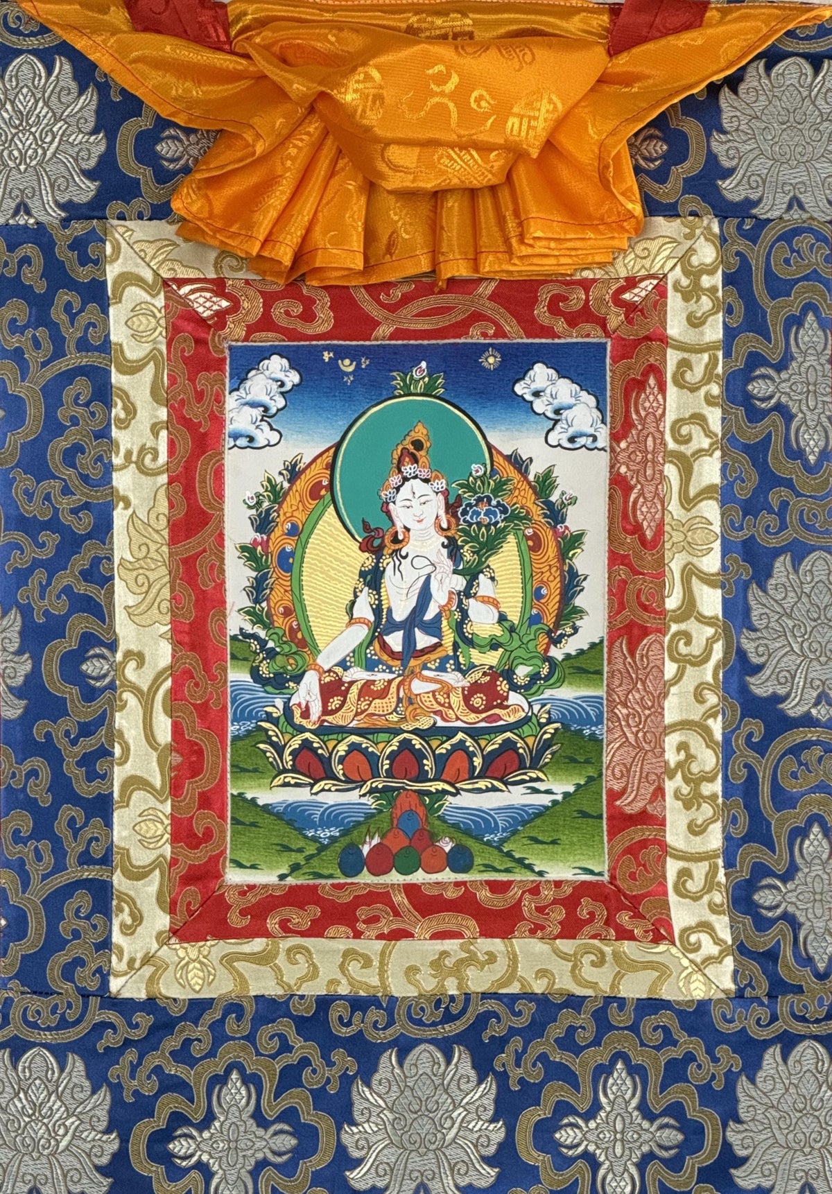White Tara, Mother Buddha, Tibetan Thangka Painting, Original Art with Silk Frame ( Brocade)