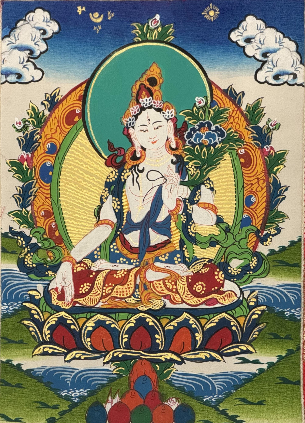 White Tara, Mother Buddha, Tibetan Thangka Painting, Original Art with Silk Frame ( Brocade)