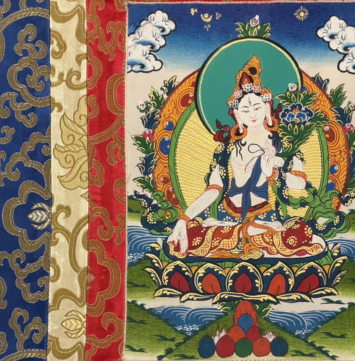White Tara, Mother Buddha, Tibetan Thangka Painting, Original Art with Silk Frame ( Brocade)