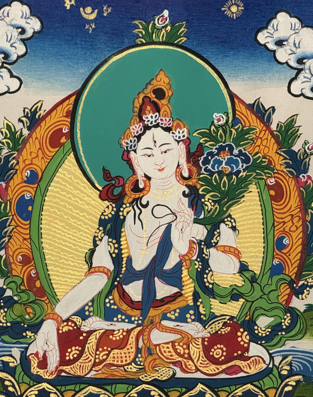 White Tara, Mother Buddha, Tibetan Thangka Painting, Original Art with Silk Frame ( Brocade)