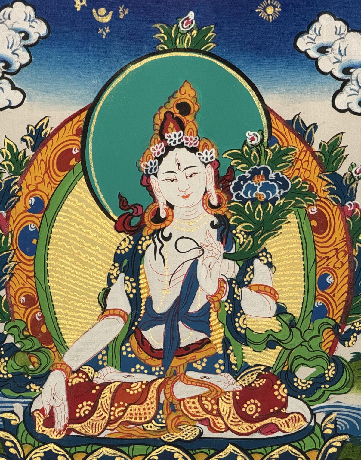 White Tara Thangka with Silk Brocade | Hand-Painted Tibetan Buddhist Longevity and Healing Art