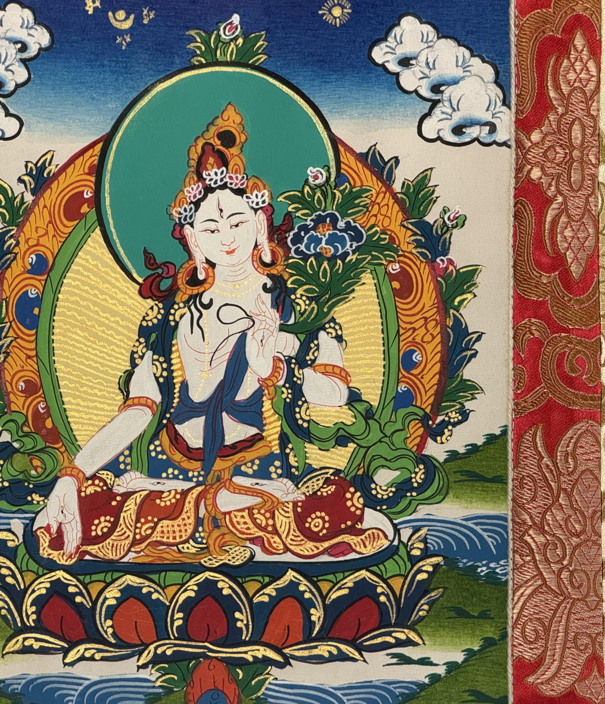White Tara, Mother Buddha, Tibetan Thangka Painting, Original Art with Silk Frame ( Brocade)