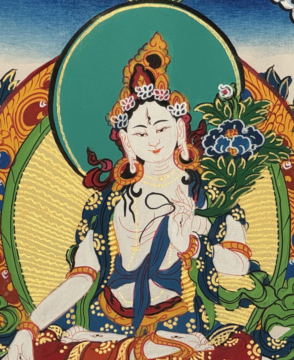 White Tara Thangka with Silk Brocade | Hand-Painted Tibetan Buddhist Longevity and Healing Art