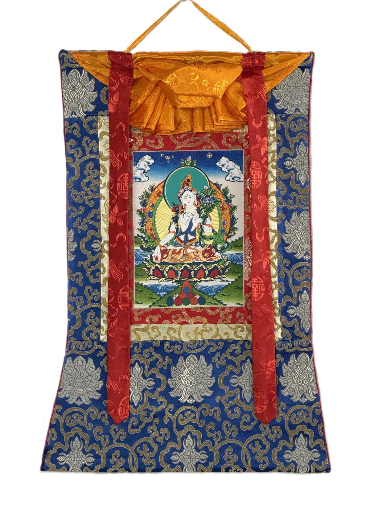 White Tara, Mother Buddha, Tibetan Thangka Painting, Original Art with Silk Frame ( Brocade)
