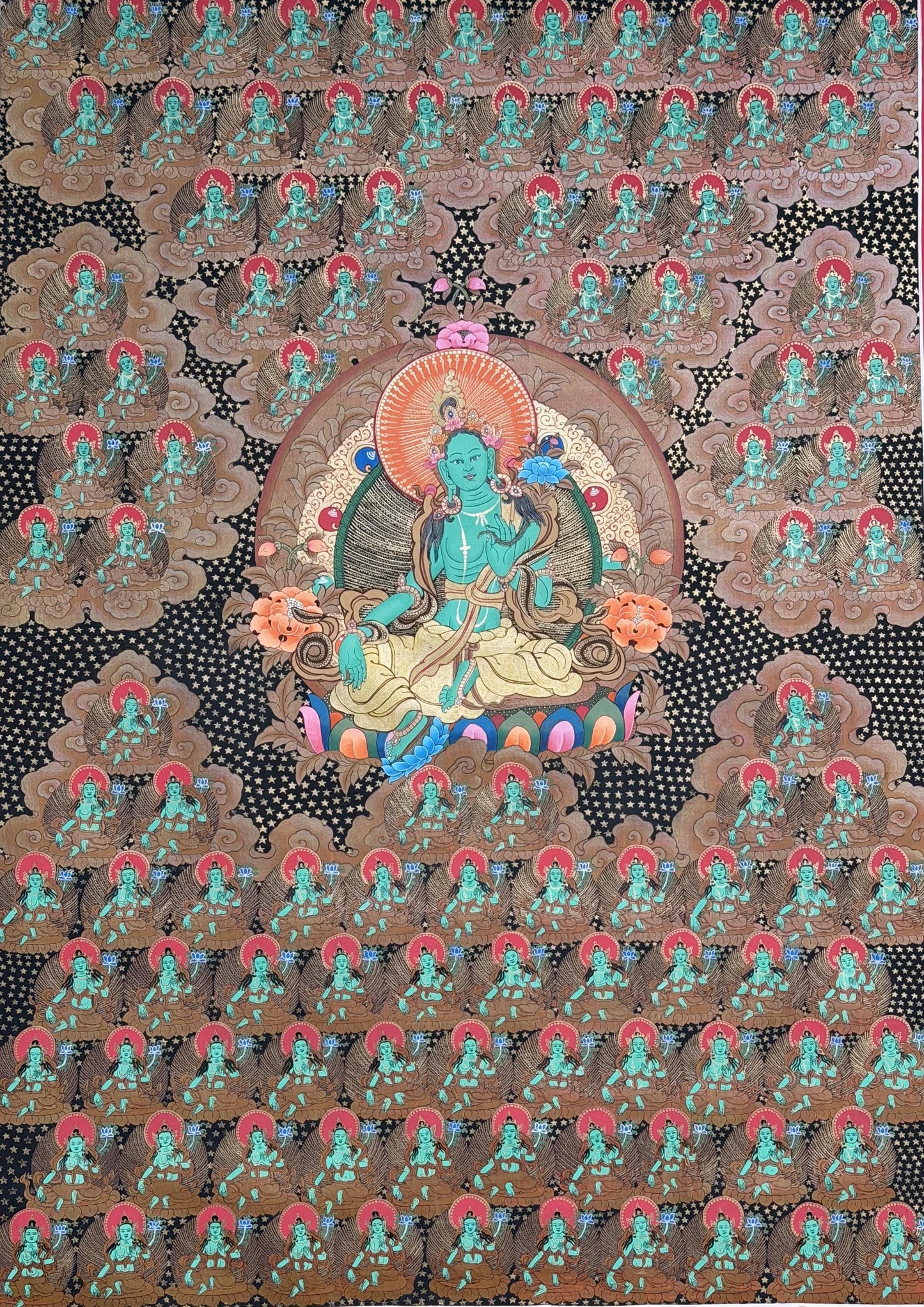 108 Tara Thangka, Green Tara Tibetan Buddhist Masterpiece, Hand-Painted Art, Sacred Altar Wall Decor
