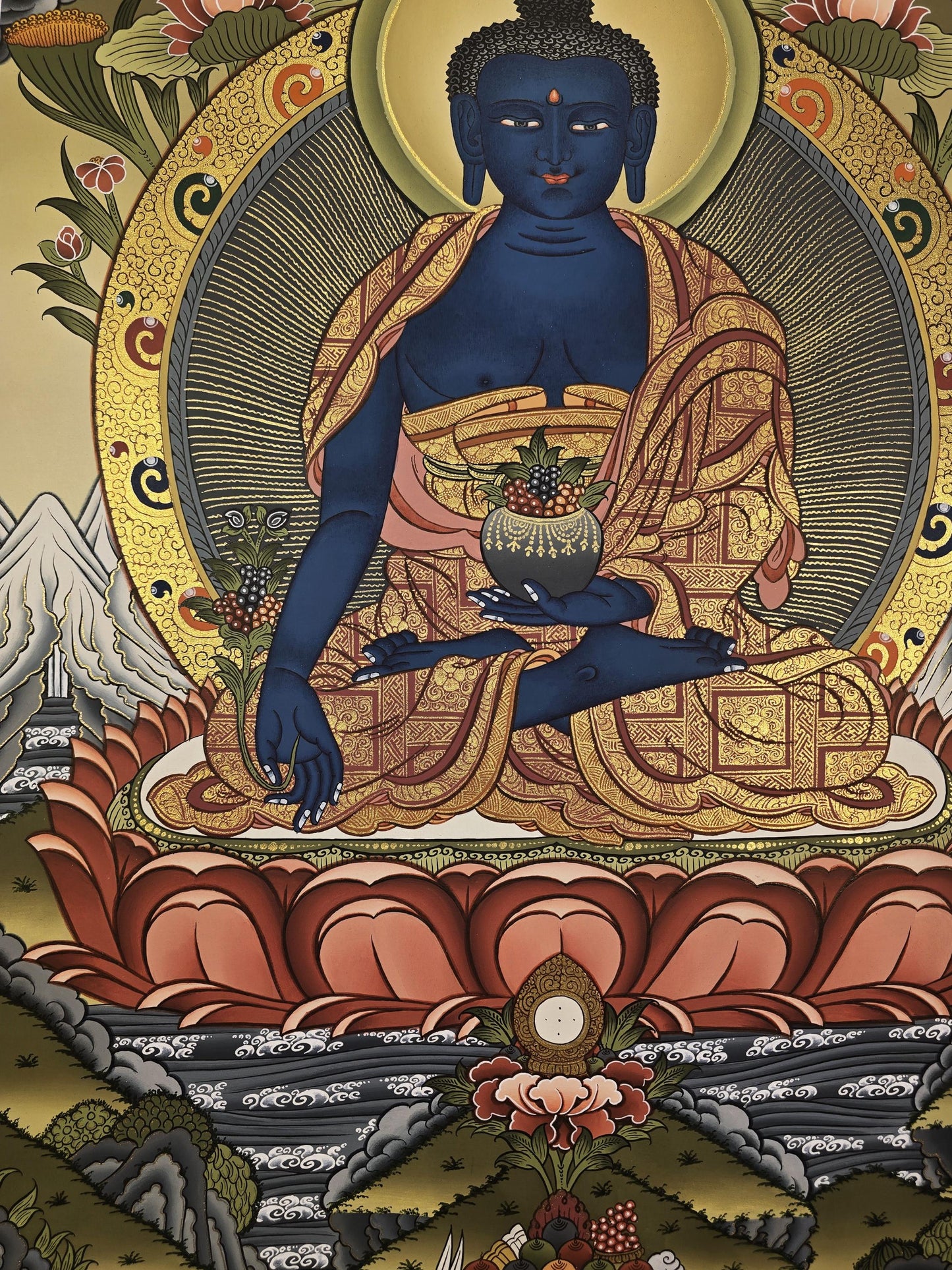 Medicine Buddha Gold Thangka Painting| Hand-Painted Tibetan Healing Art