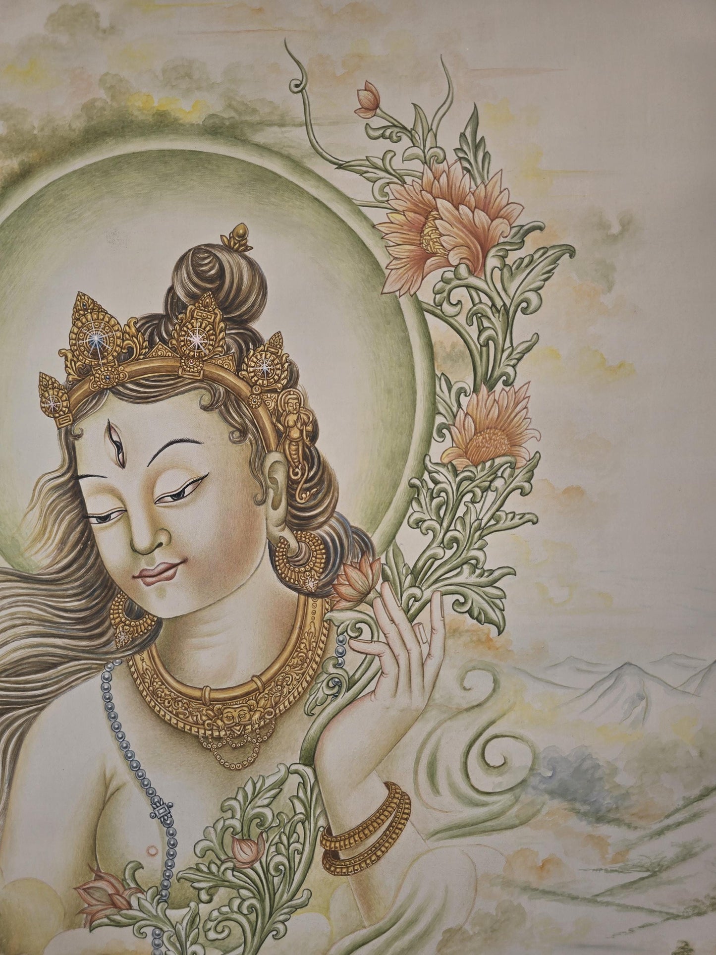 Green Tara Newari Paubha Painting | Hand Painted Masterpiece Buddhist Art