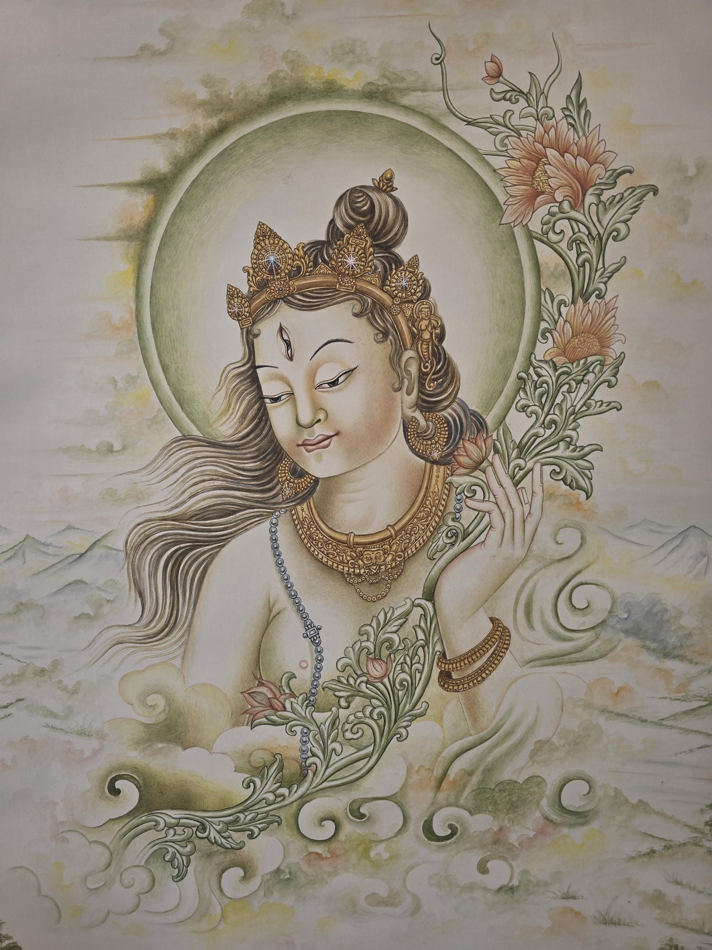 Green Tara Newari Paubha Painting | Hand Painted Masterpiece Buddhist Art