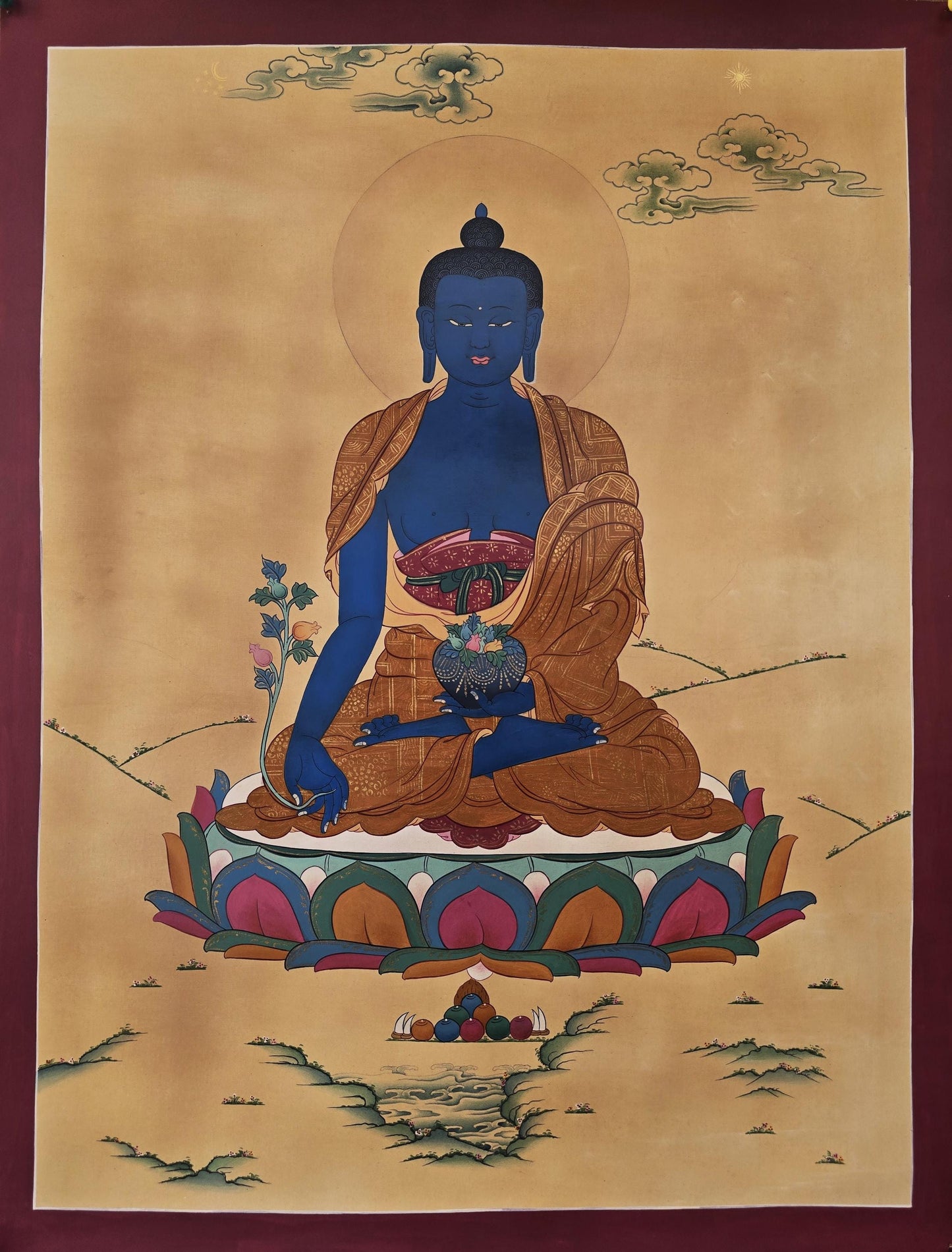 Medicine Buddha Thangka | Hand-Painted Smoky Tibetan Healing Art in Karma Gadri Style