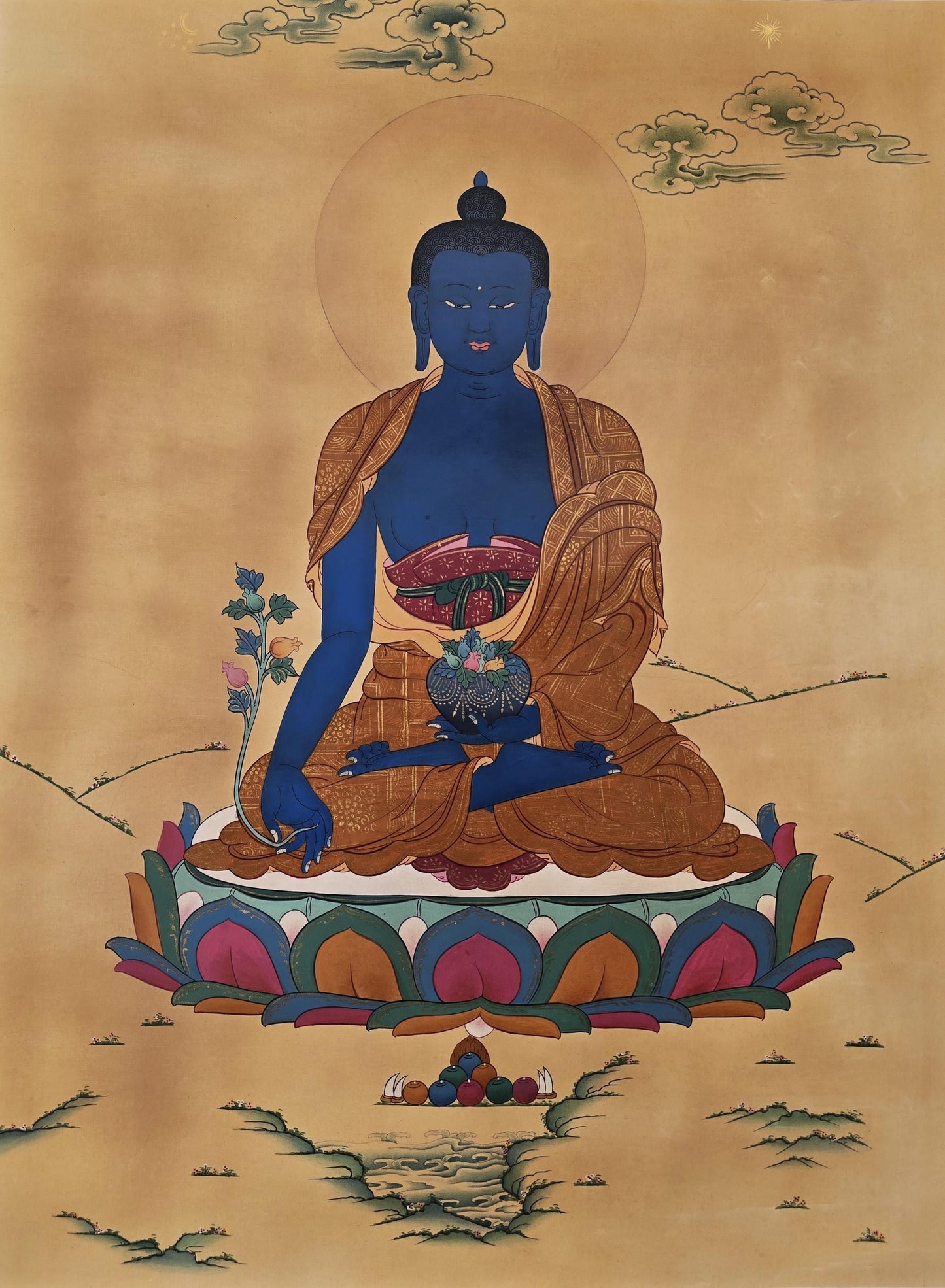 Medicine Buddha Thangka | Hand-Painted Smoky Tibetan Healing Art in Karma Gadri Style