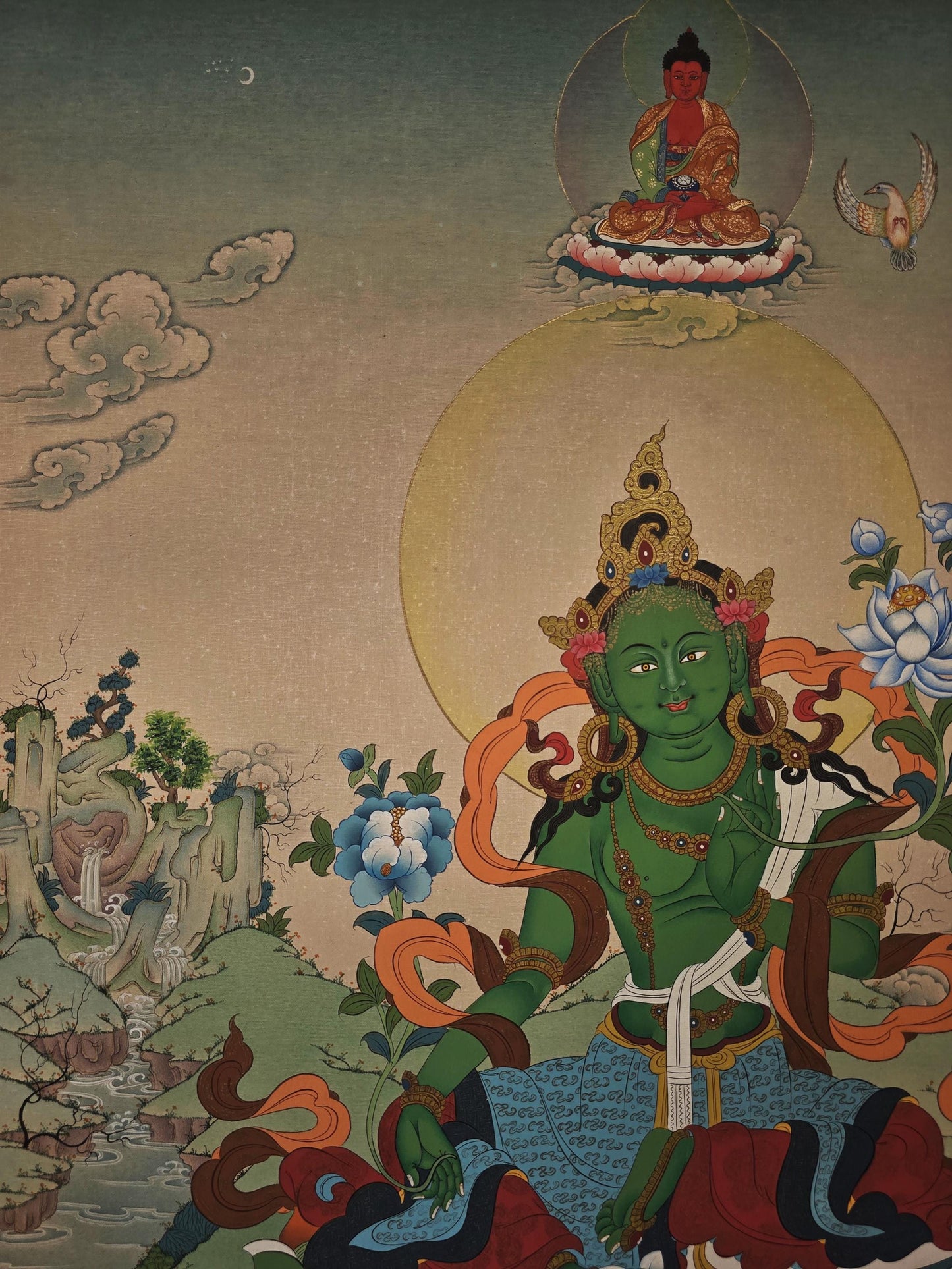 Green Tara Tibetan Thangka Painting in Karma Gadri Style - 24 Karat Gold