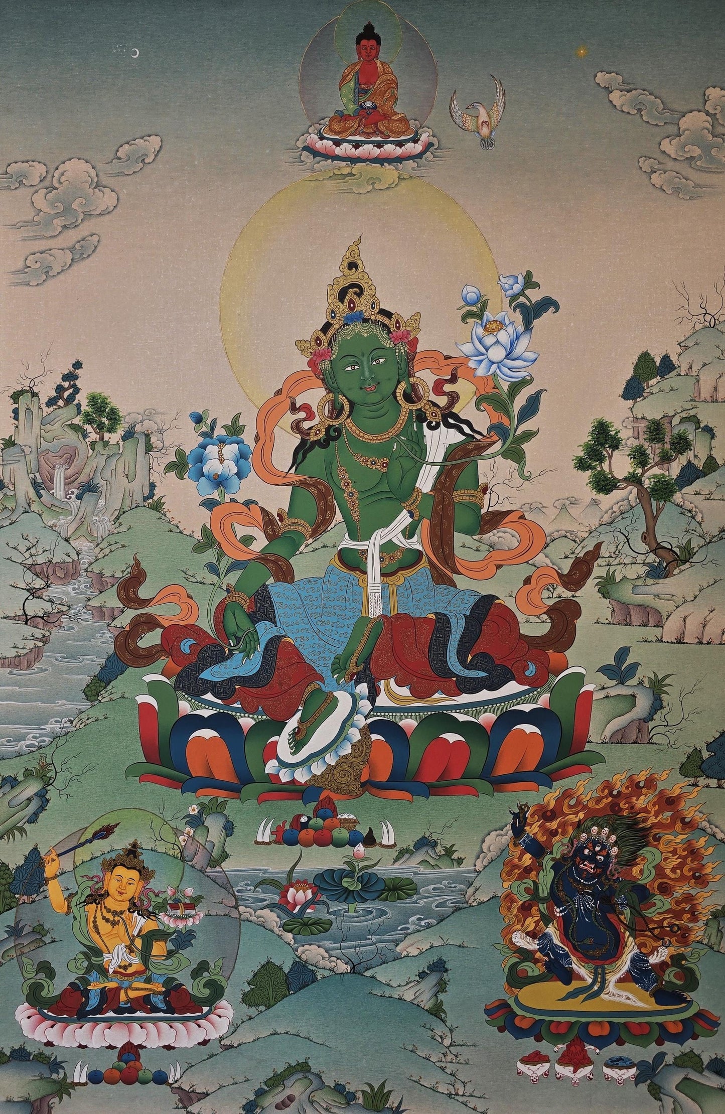 Green Tara Tibetan Thangka Painting in Karma Gadri Style - 24 Karat Gold