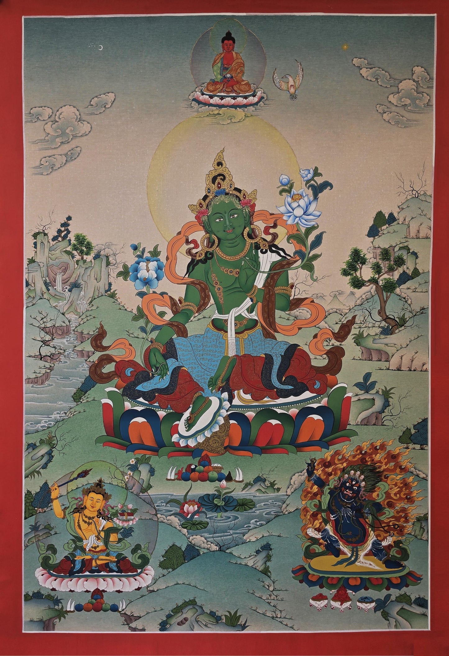 Green Tara Tibetan Thangka Painting in Karma Gadri Style - 24 Karat Gold