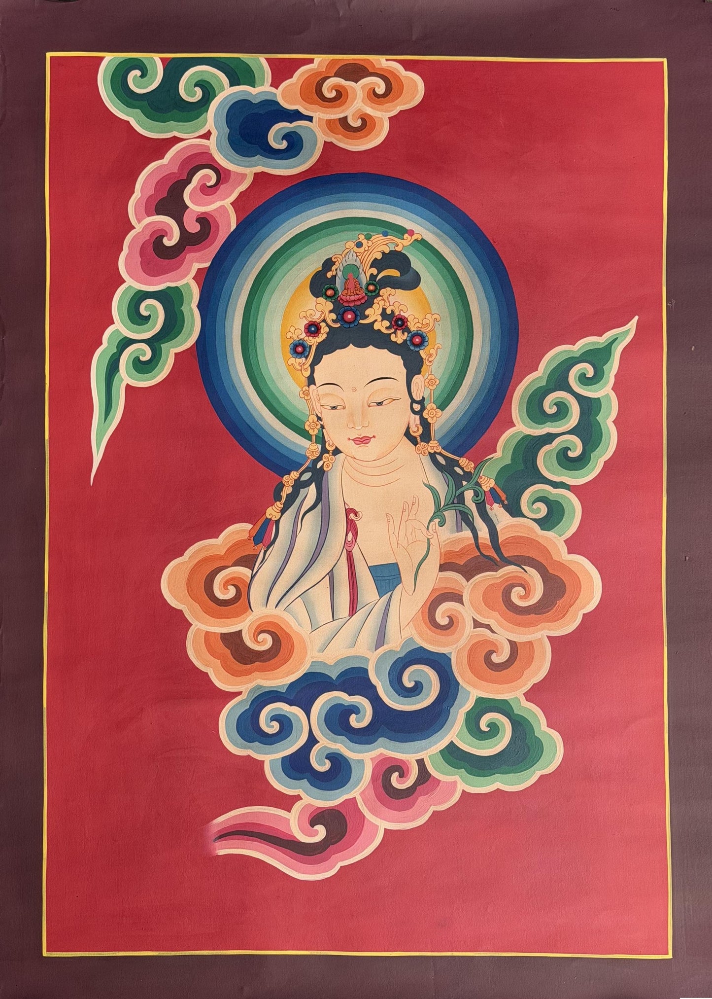 Hand-Painted Standing White Tara Thangka - Smoky Tibetan Art