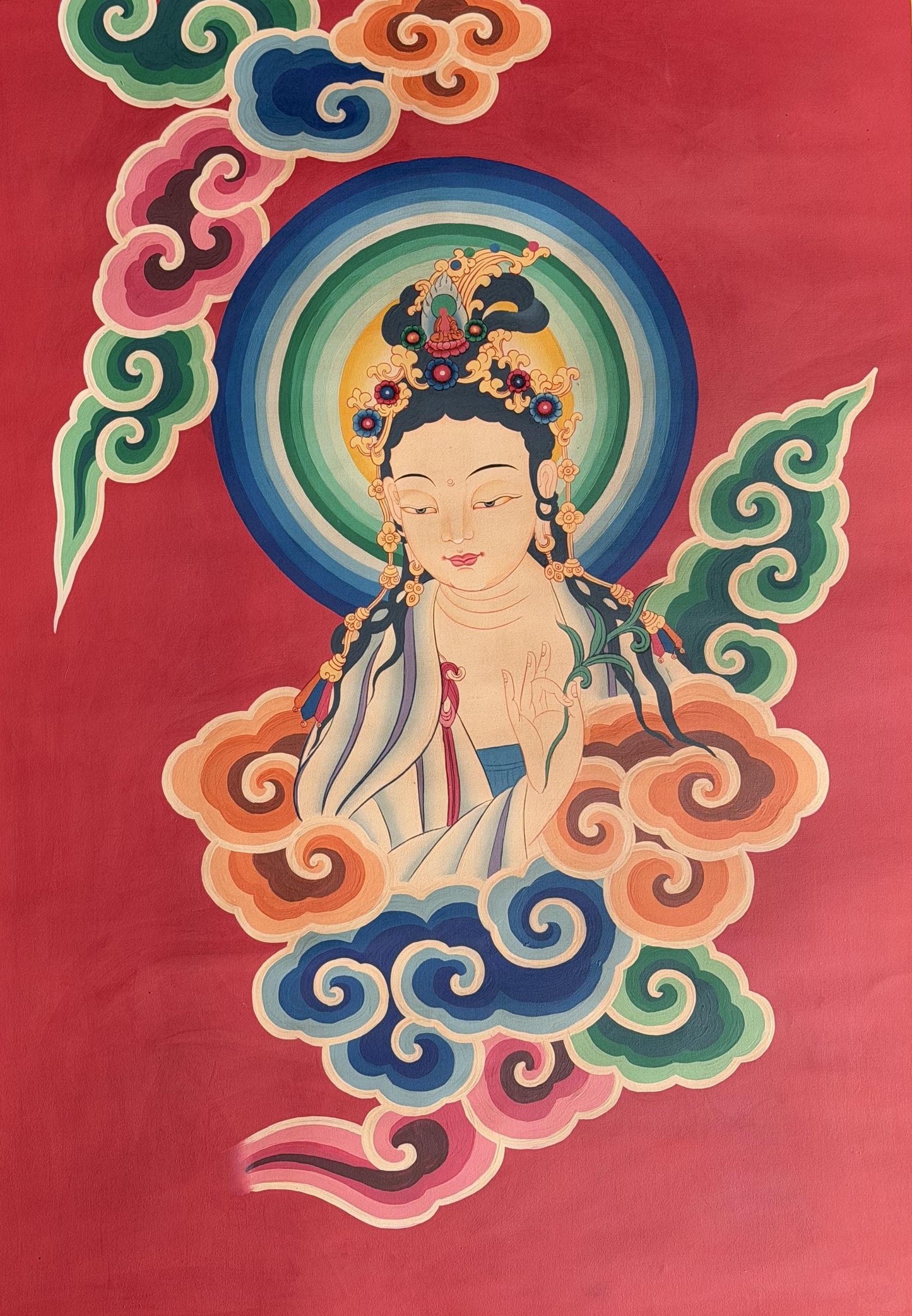 Hand-Painted Standing White Tara Thangka - Smoky Tibetan Art