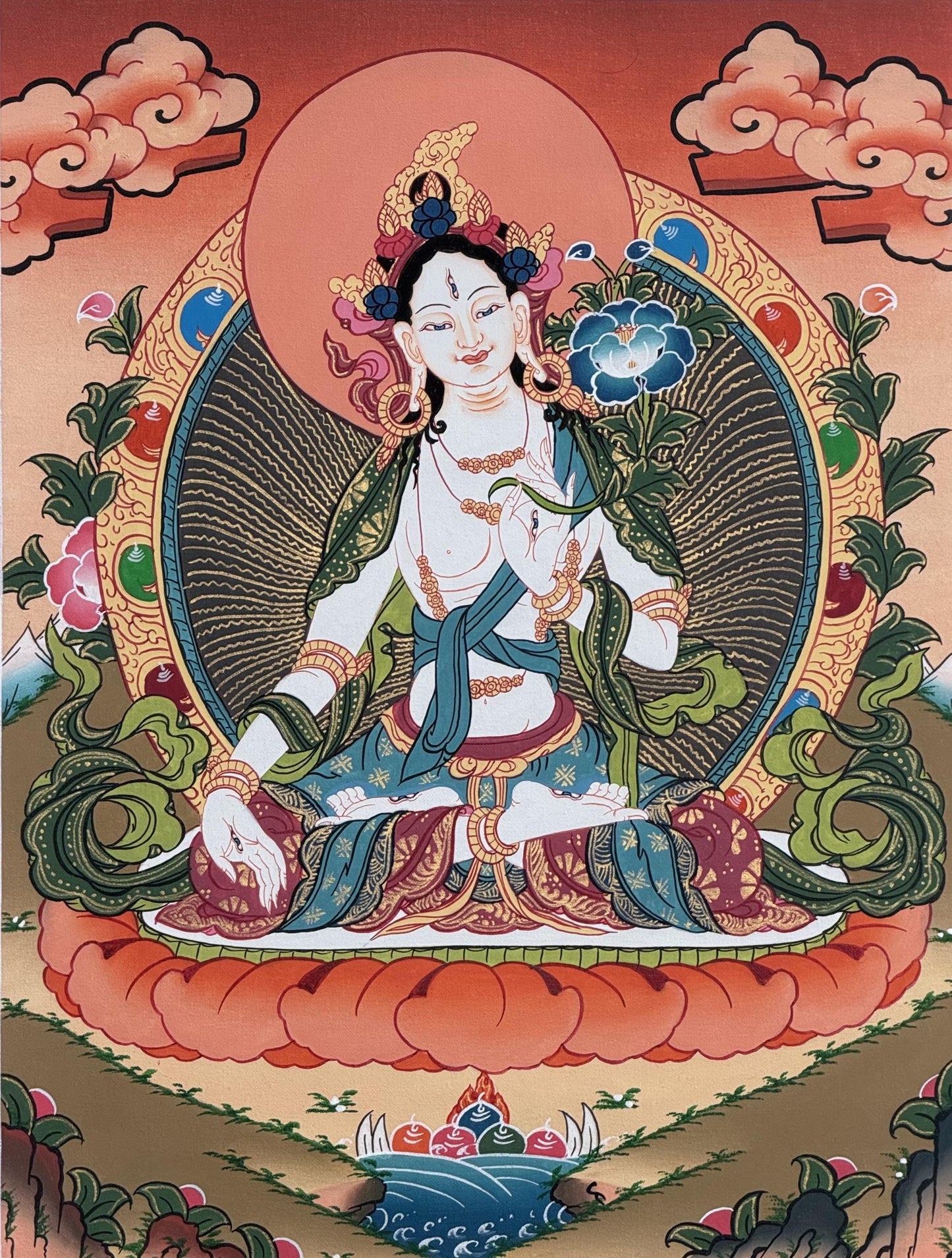 White Tara Thangka Painting, Hand-Painted Buddhist Art, Silk Brocade Frame