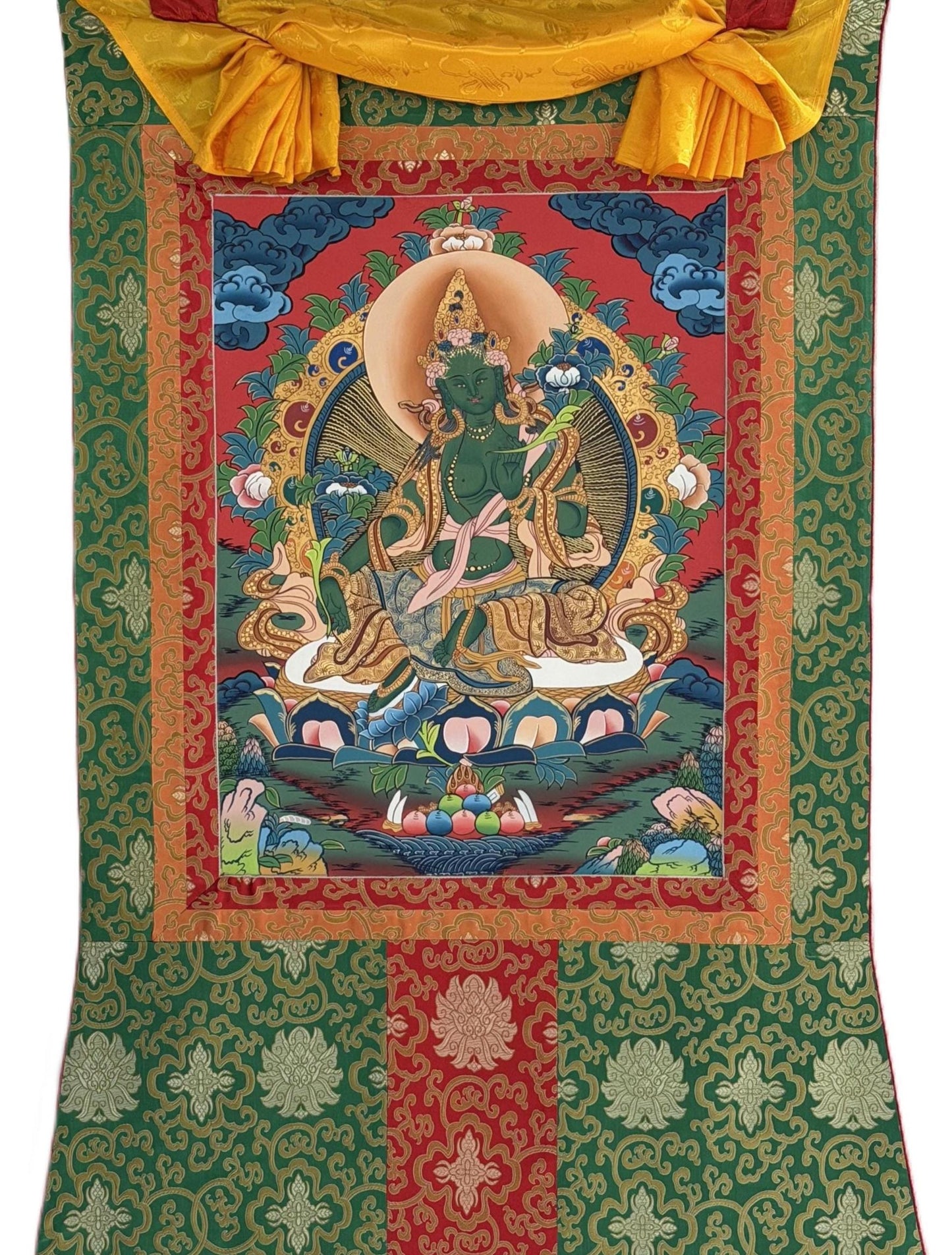 Hand-Painted Green Tara Thangka Painting, Tibetan Compassion Art