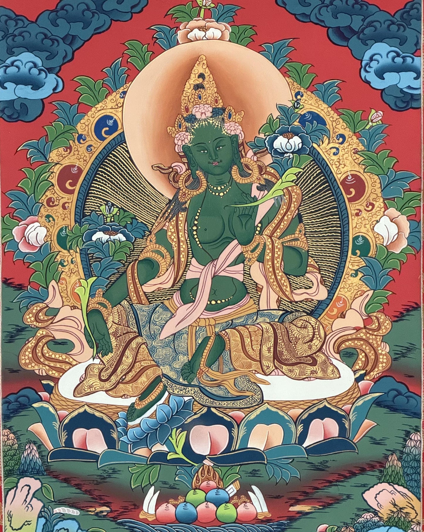 Hand-Painted Green Tara Thangka Painting, Tibetan Compassion Art
