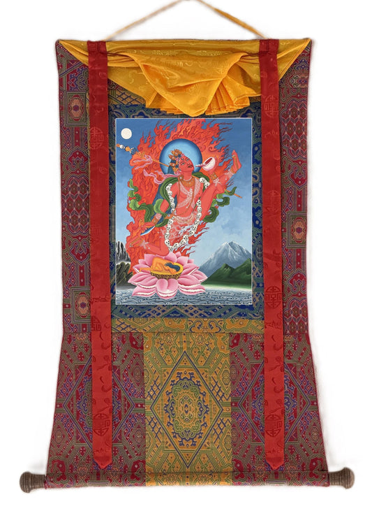 Hand-Painted Akash Yogini Thangka Painting with Silk Brocade