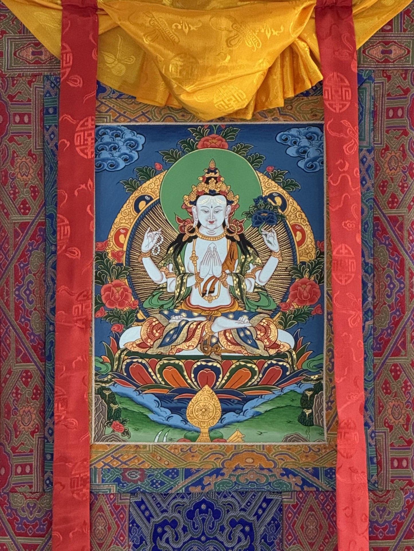 Hand-Painted Chenrezig Thangka | Avalokiteshvara Tibetan Compassion Art with Khadi Silk Brocade