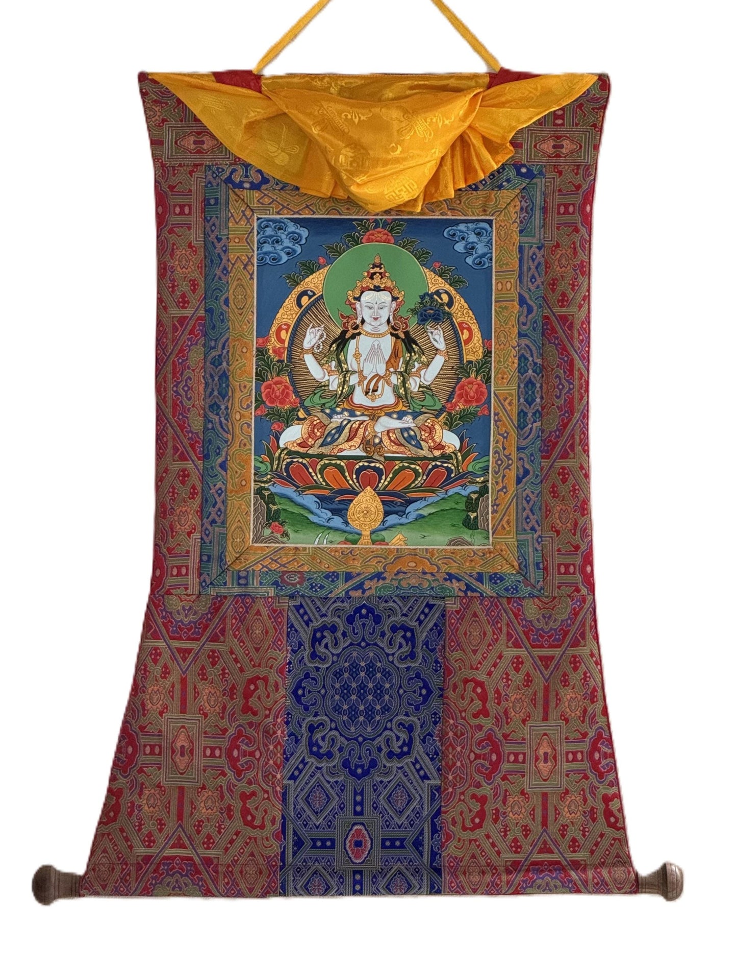 Hand-Painted Chenrezig Thangka | Avalokiteshvara Tibetan Compassion Art with Khadi Silk Brocade