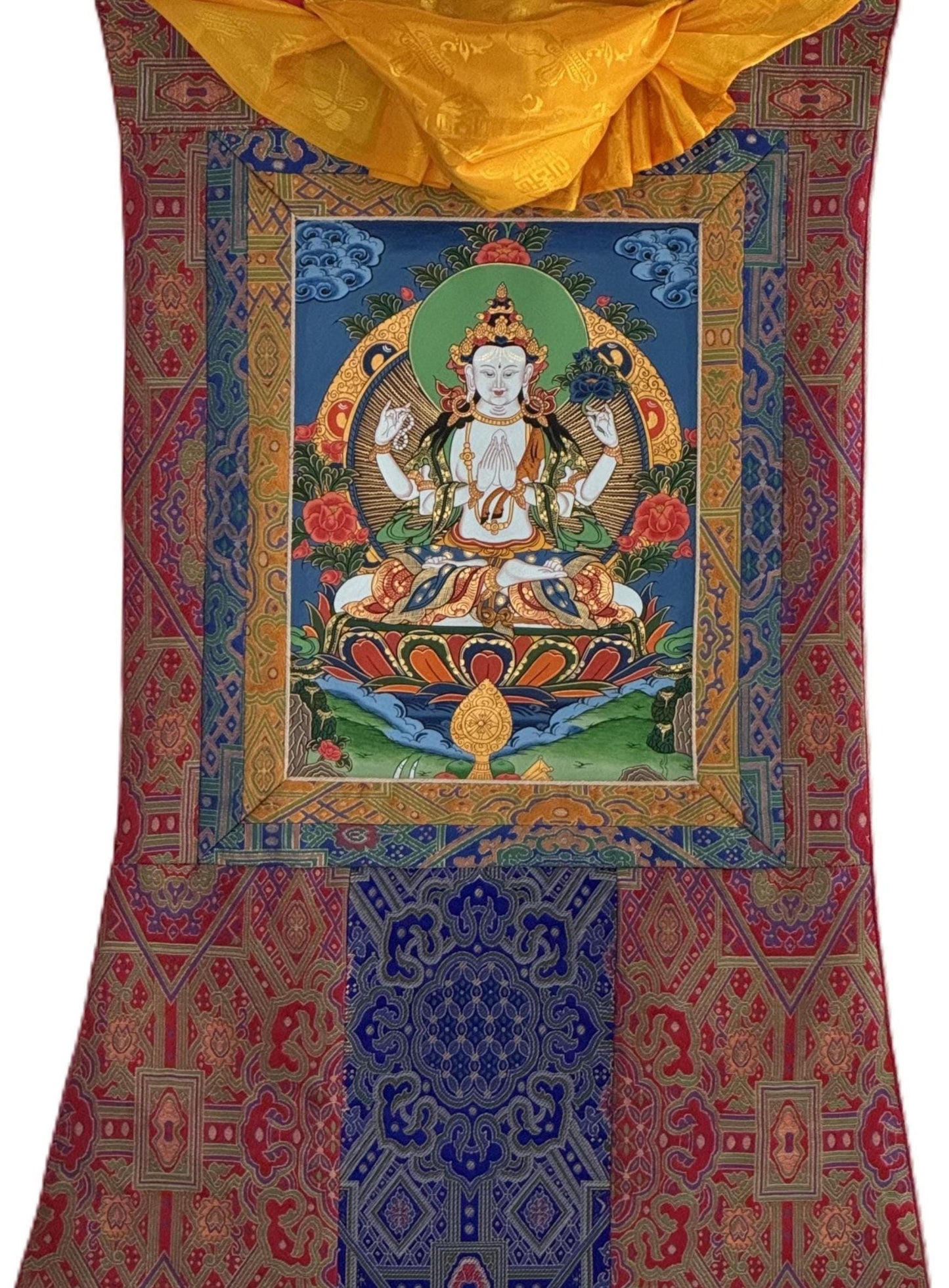 Hand-Painted Chenrezig Thangka | Avalokiteshvara Tibetan Compassion Art with Khadi Silk Brocade