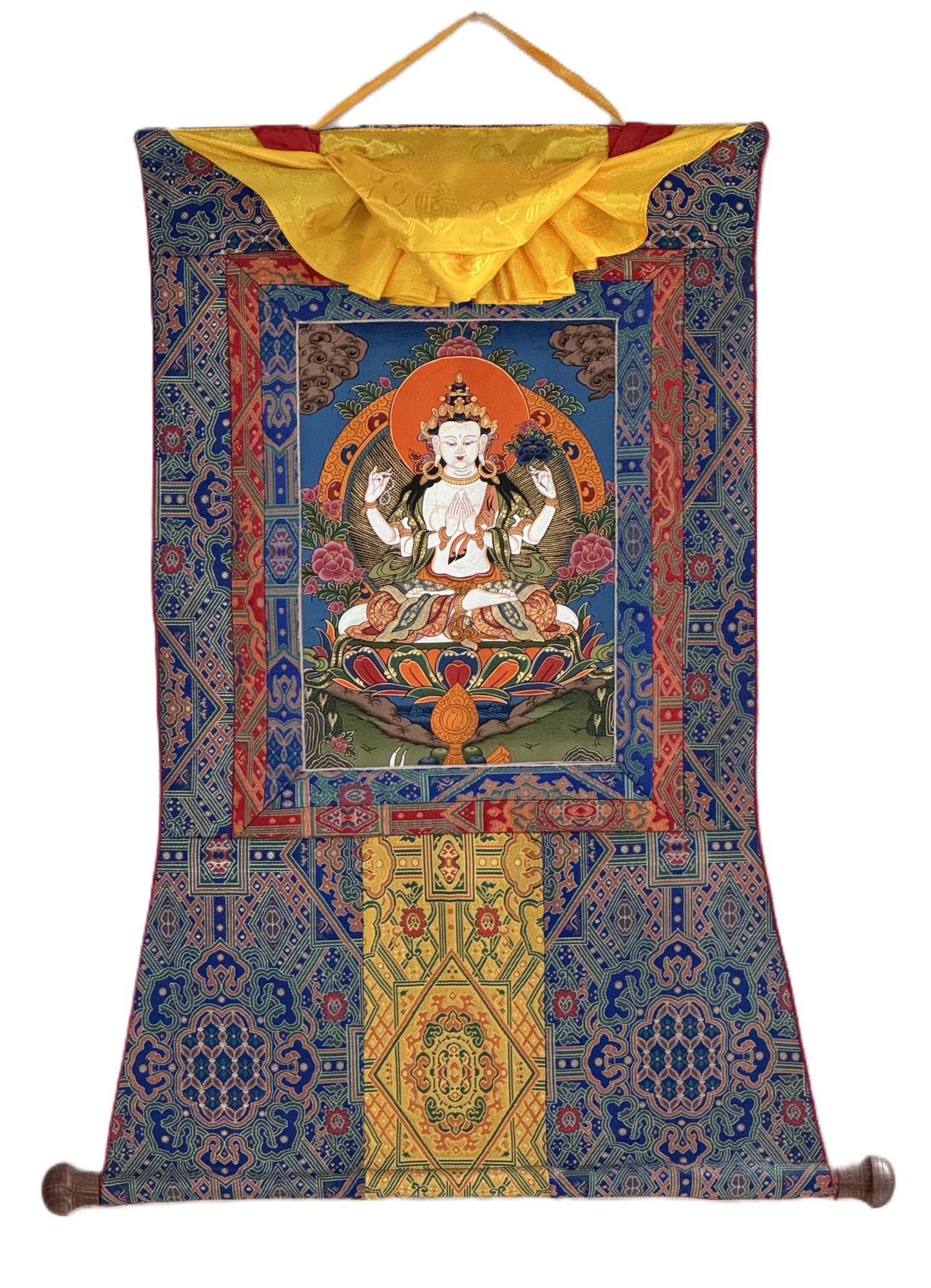 Hand-Painted Chenrezig Tibetan Thangka | Avalokiteshvara Compassion Art with Khadi Silk Brocade
