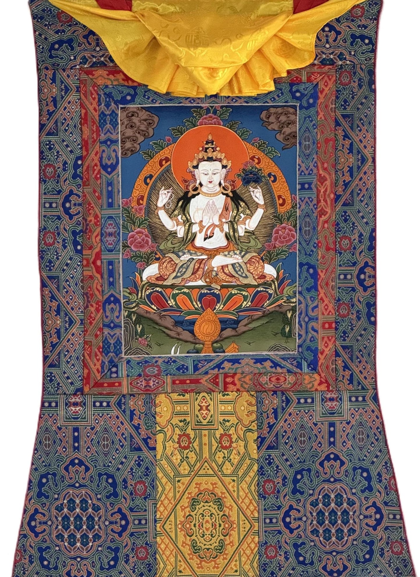 Hand-Painted Chenrezig Tibetan Thangka | Avalokiteshvara Compassion Art with Khadi Silk Brocade