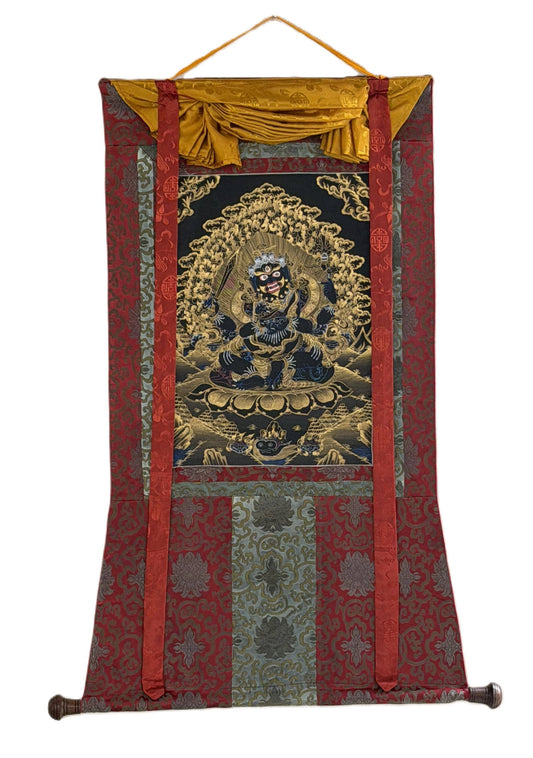 Hand-Painted Mahakala Thangka | Black & Gold Tibetan Buddhist Art