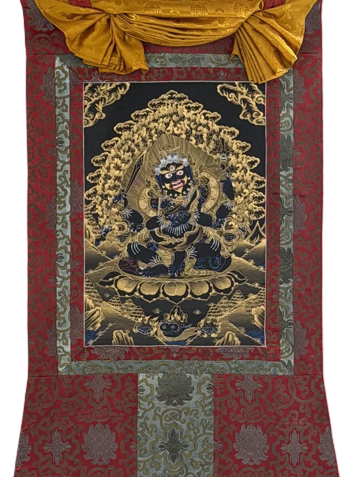 Hand-Painted Mahakala Thangka | Black & Gold Tibetan Buddhist Art