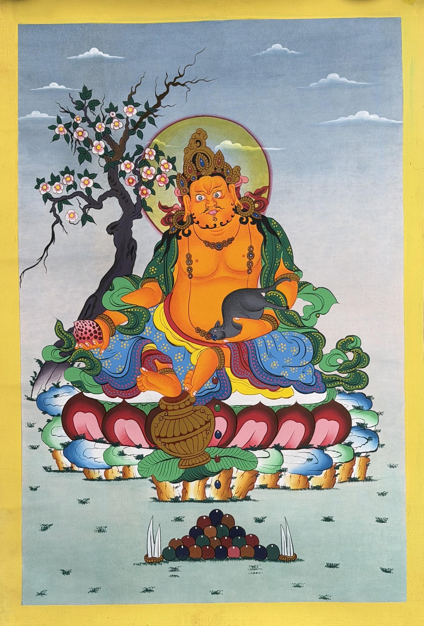 Yellow Dzambhala Thangka | Hand-Painted Kubera Jambhala Wealth Deity with Silk Brocade