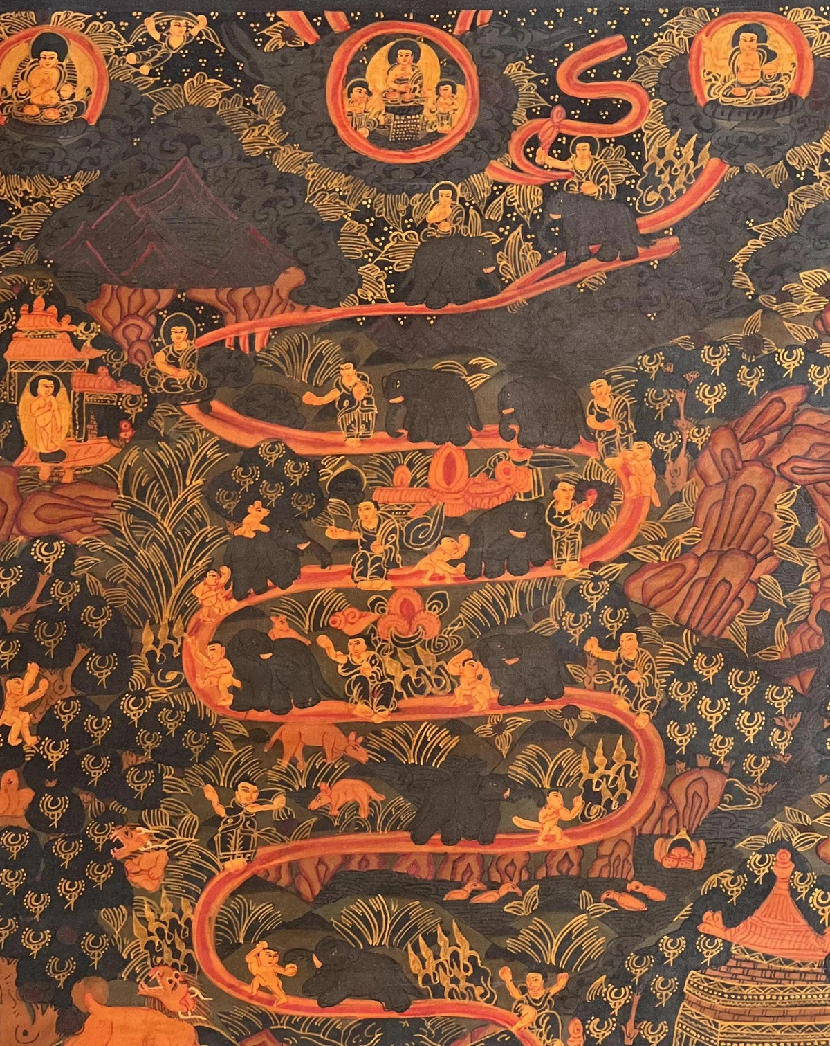 Hand-Painted Samatha Meditation Thangka | Nine Stage Elephant Path Meditation Art with Silk Brocade