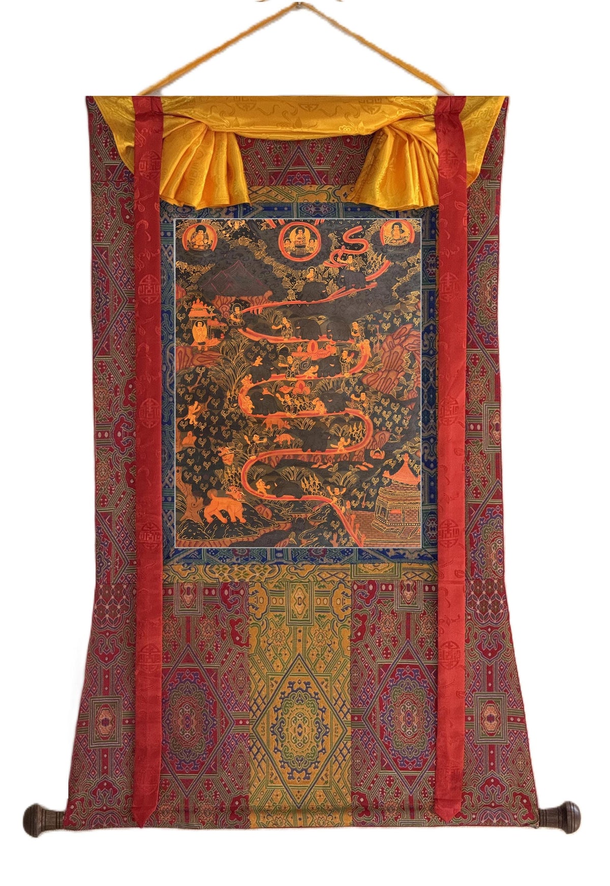 Hand-Painted Samatha Meditation Thangka | Nine Stage Elephant Path Meditation Art with Silk Brocade
