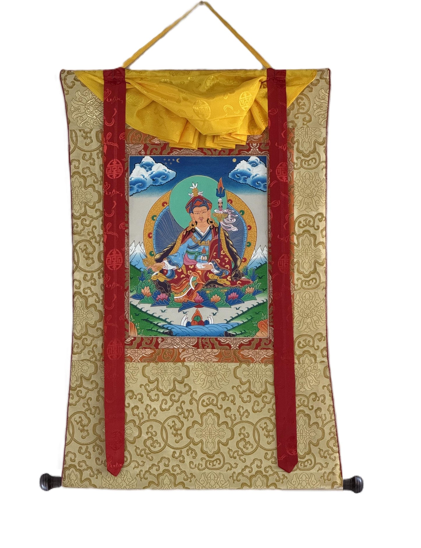 Hand-Painted Padmasambhava Guru Rinpoche Tibetan Thangka Painting with Silk Brocade - Master Quality Art