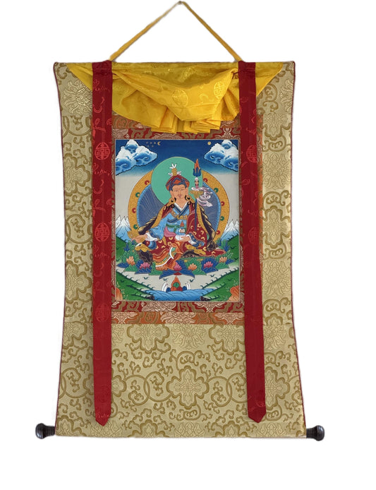 Hand-Painted Padmasambhava Guru Rinpoche Tibetan Thangka Painting with Silk Brocade - Master Quality Art