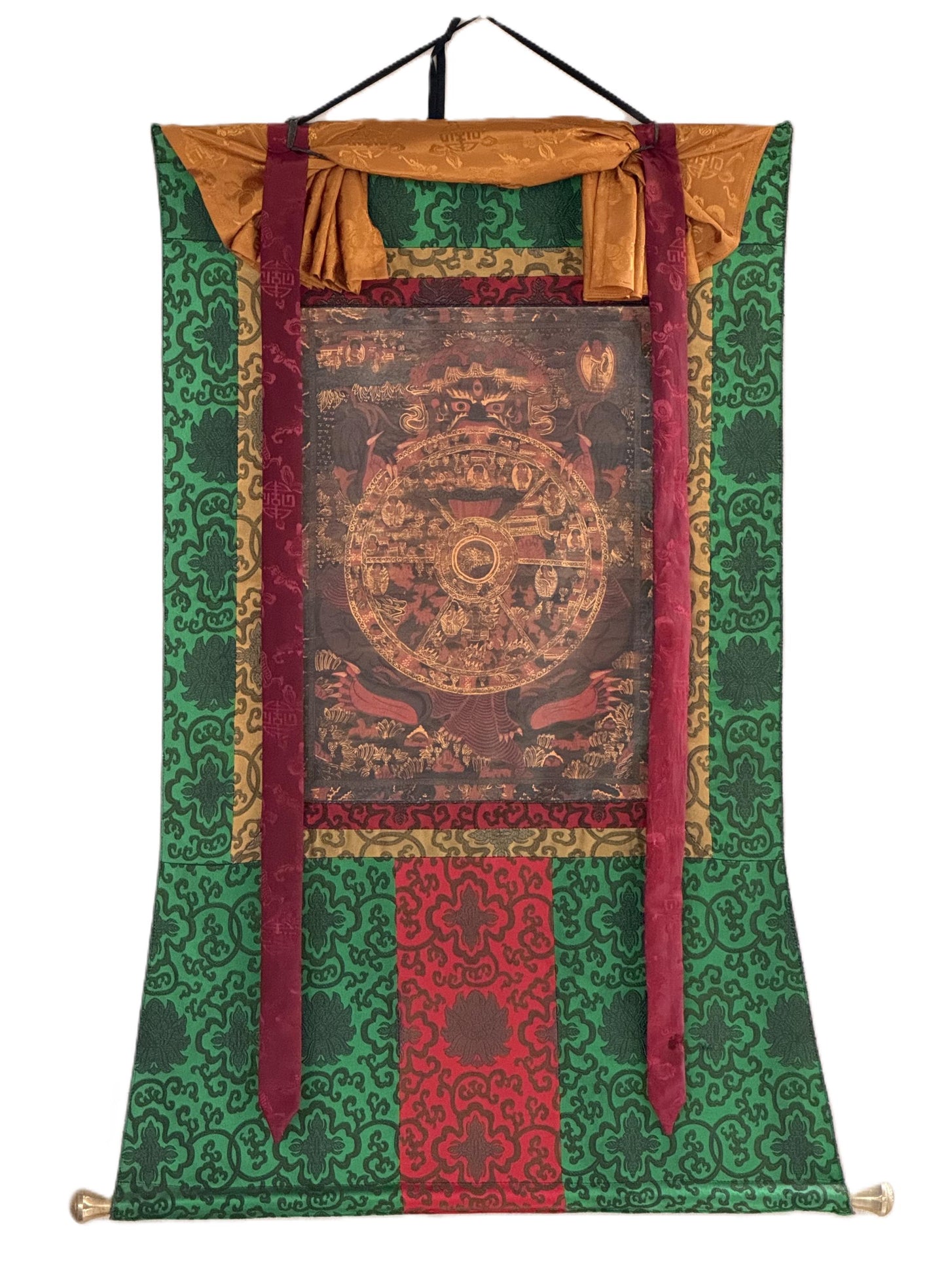 Samsara Bhavachakra Wheel of Life Thangka | Oil-Varnished Tibetan Art with Silk Brocade