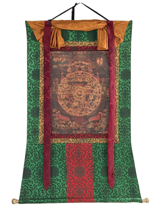Samsara Bhavachakra Wheel of Life Thangka | Oil-Varnished Tibetan Art with Silk Brocade