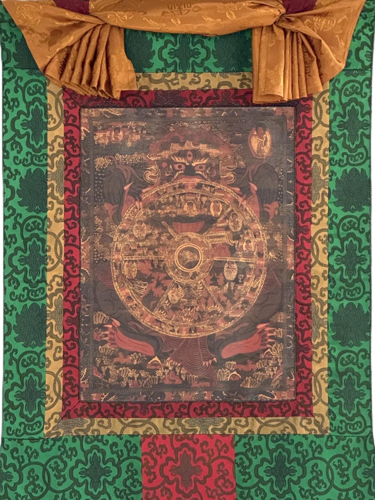 Samsara Bhavachakra Wheel of Life Thangka | Oil-Varnished Tibetan Art with Silk Brocade