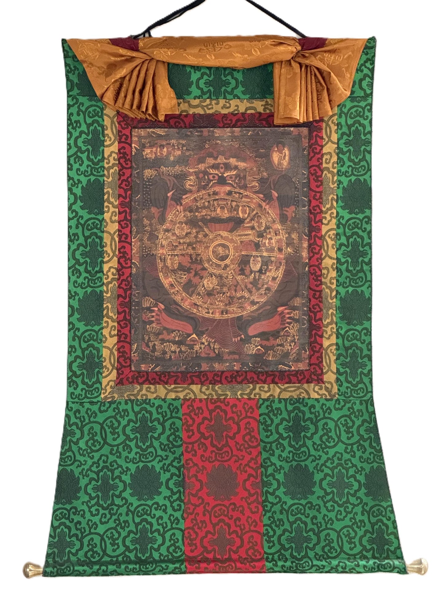 Samsara Bhavachakra Wheel of Life Thangka | Oil-Varnished Tibetan Art with Silk Brocade