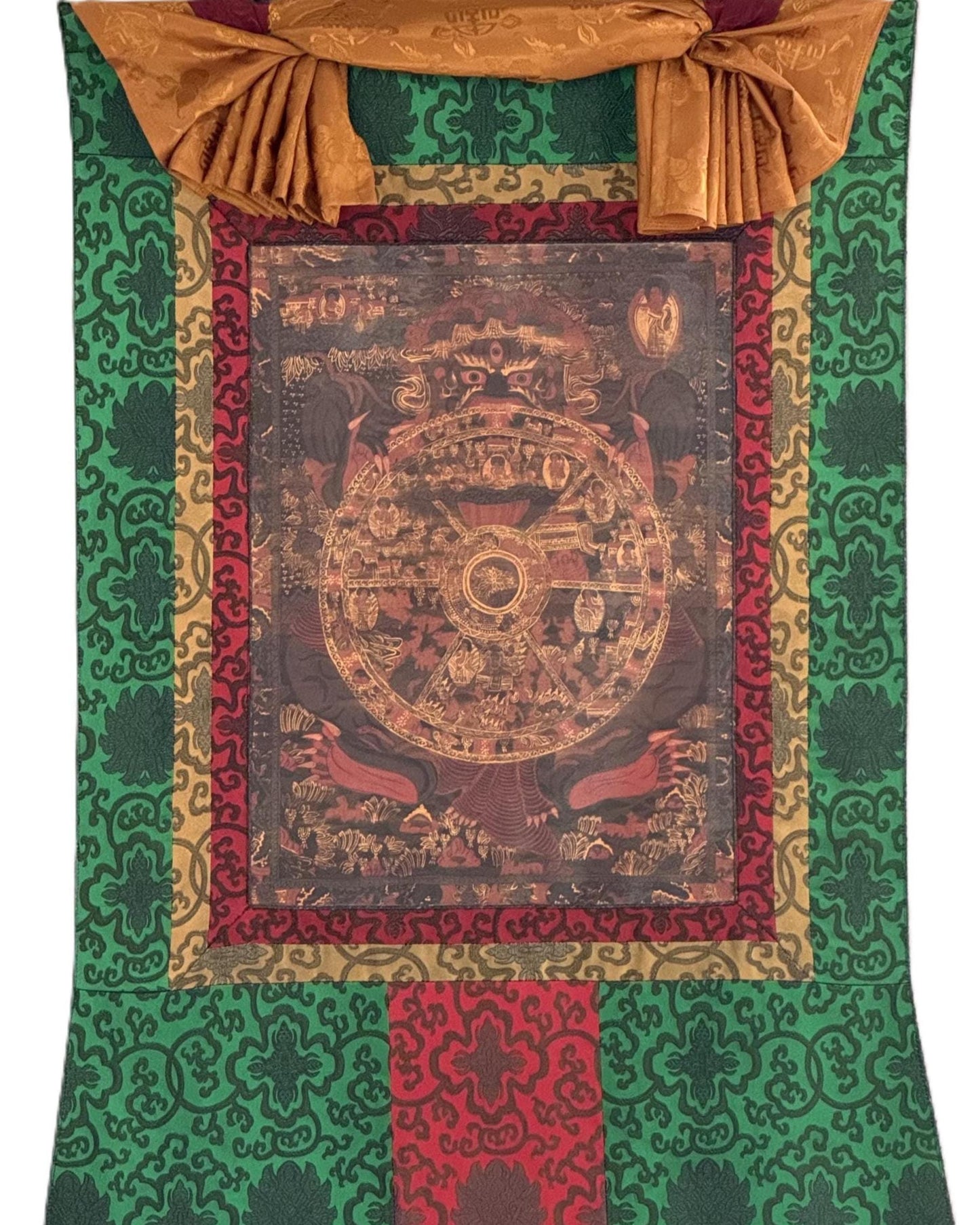 Samsara Bhavachakra Wheel of Life Thangka | Oil-Varnished Tibetan Art with Silk Brocade