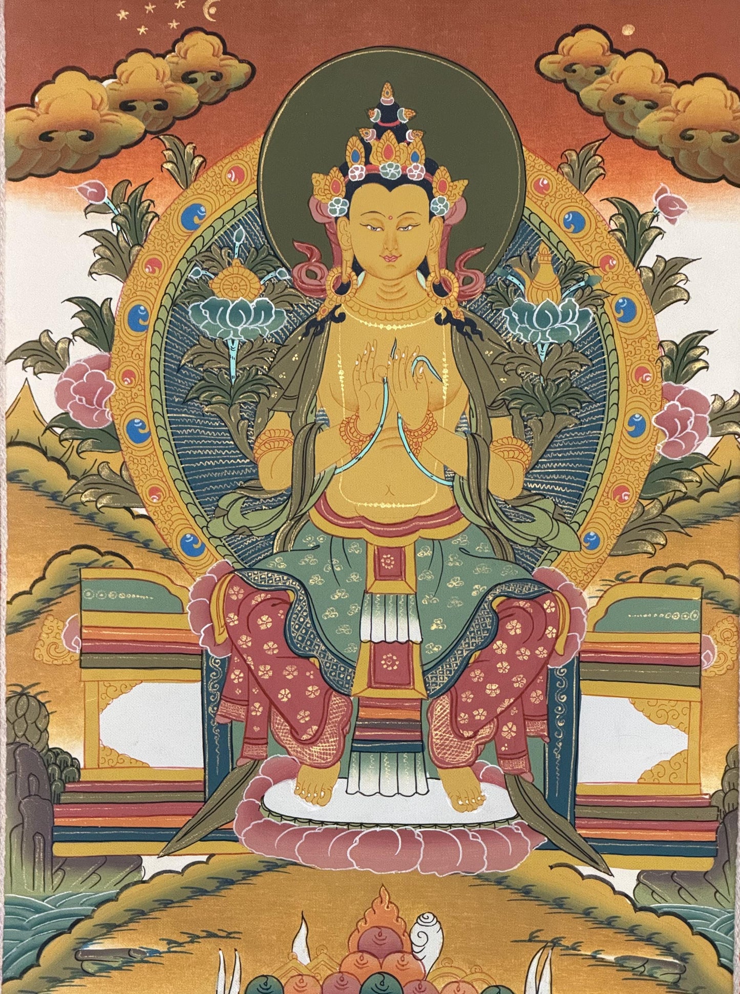 Maitreya Buddha Thangka | Hand-Painted Future Buddha Tibetan Art with Silk Brocade
