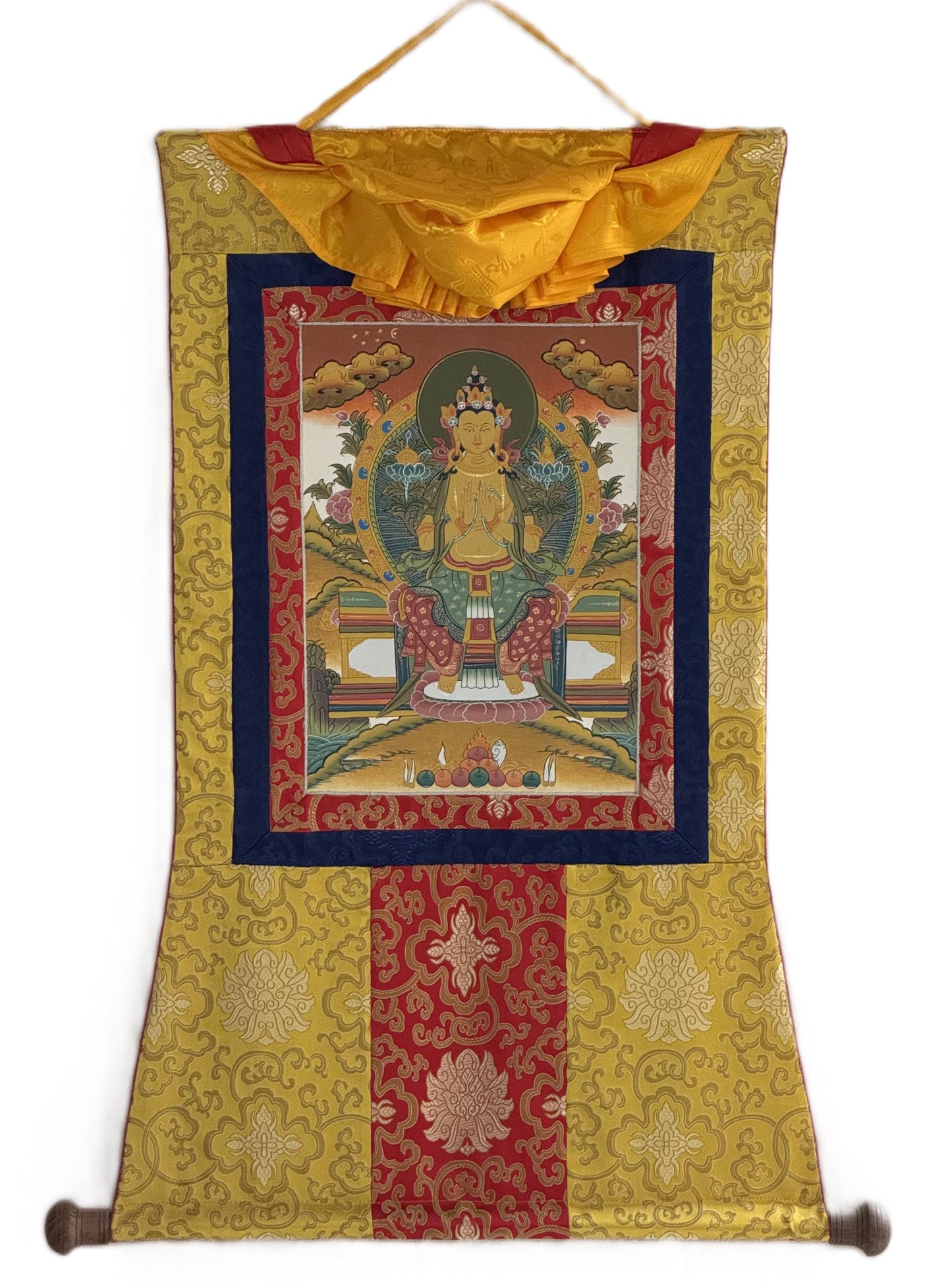 Maitreya Buddha Thangka | Hand-Painted Future Buddha Tibetan Art with Silk Brocade