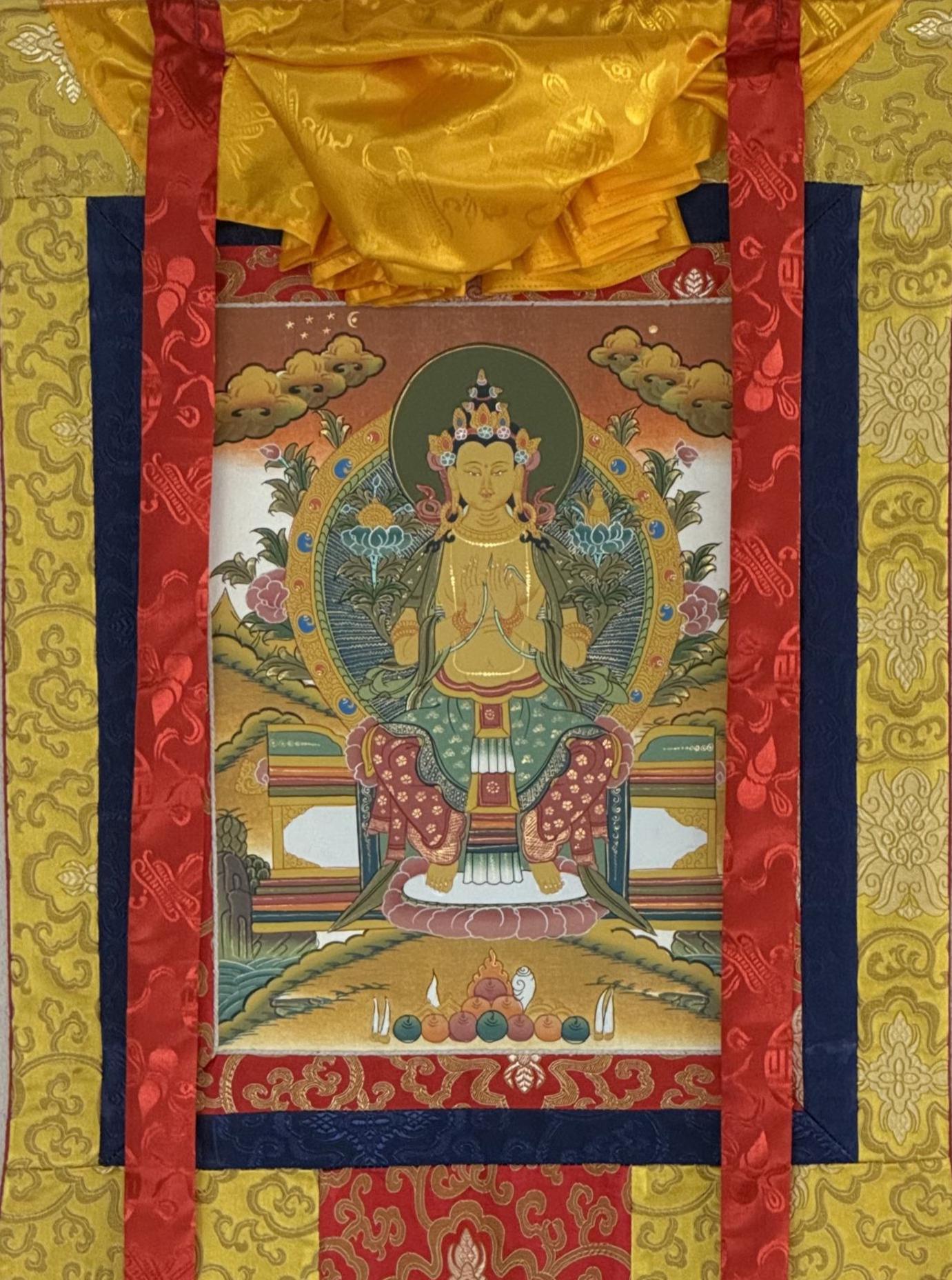 Maitreya Buddha Thangka | Hand-Painted Future Buddha Tibetan Art with Silk Brocade
