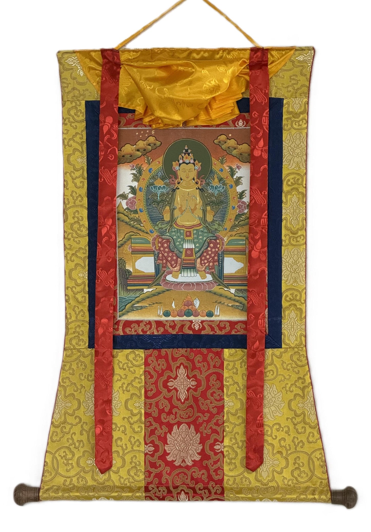 Maitreya Buddha Thangka | Hand-Painted Future Buddha Tibetan Art with Silk Brocade