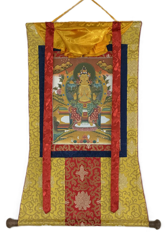 Maitreya Buddha Thangka | Hand-Painted Future Buddha Tibetan Art with Silk Brocade