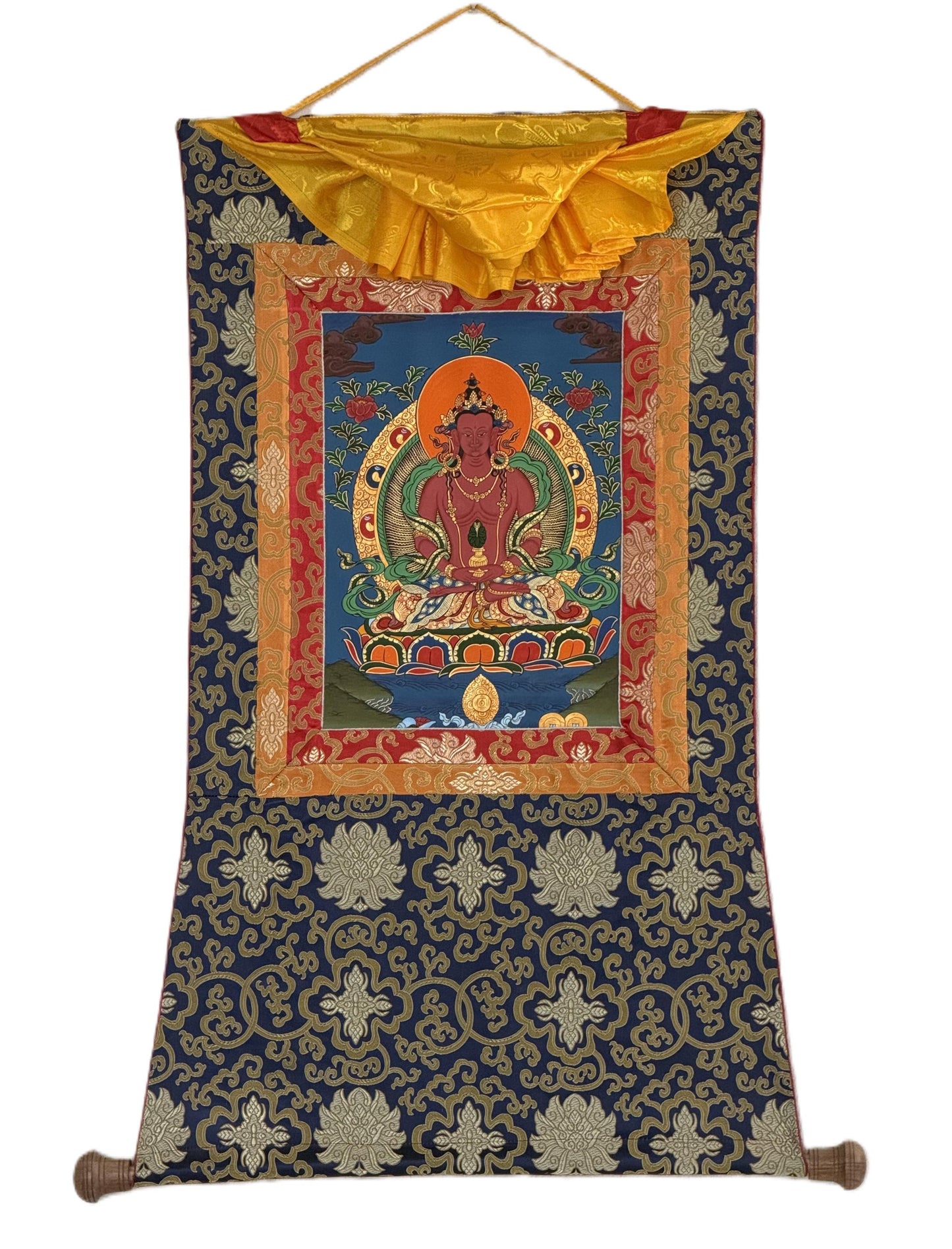 Hand-Painted Amitayus Buddha Thangka, Meditation Wall Hanging with Silk Border