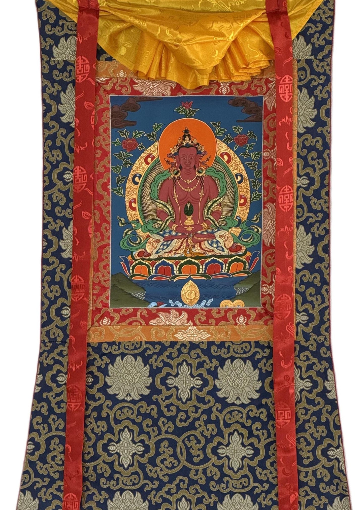 Hand-Painted Amitayus Buddha Thangka, Meditation Wall Hanging with Silk Border