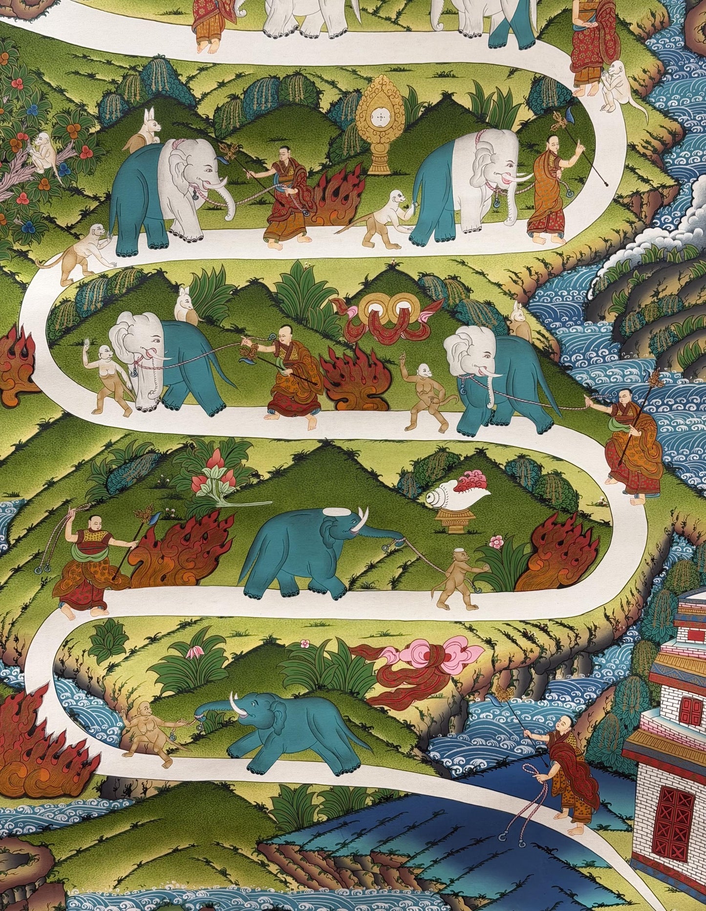 Samatha Meditation Elephant Path Thangka Painting | Large Tibetan Buddhist Mind Training Art